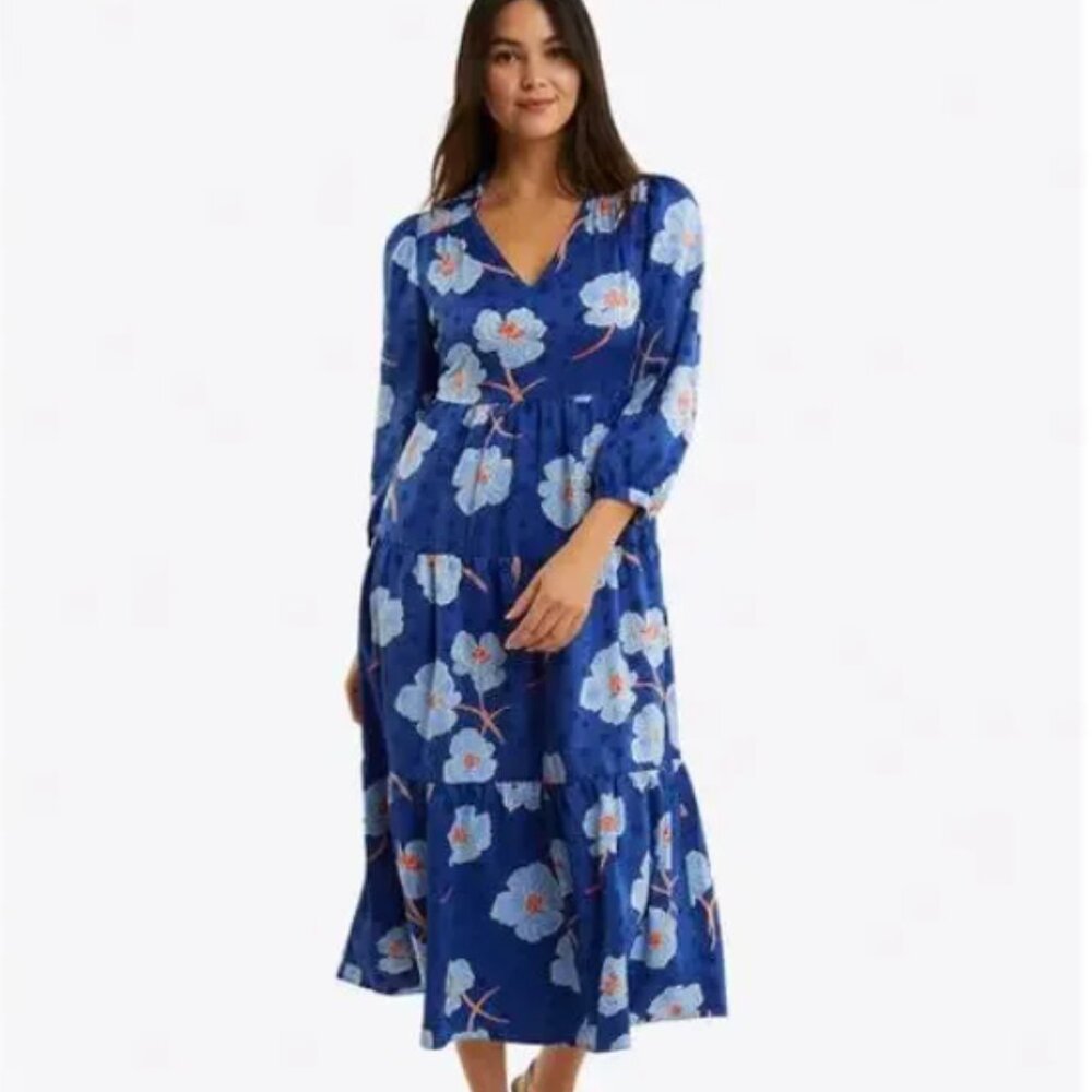 Draper James Katie Midi Dress XS Printed Dot Jacquard Blue Spring Floral Pockets